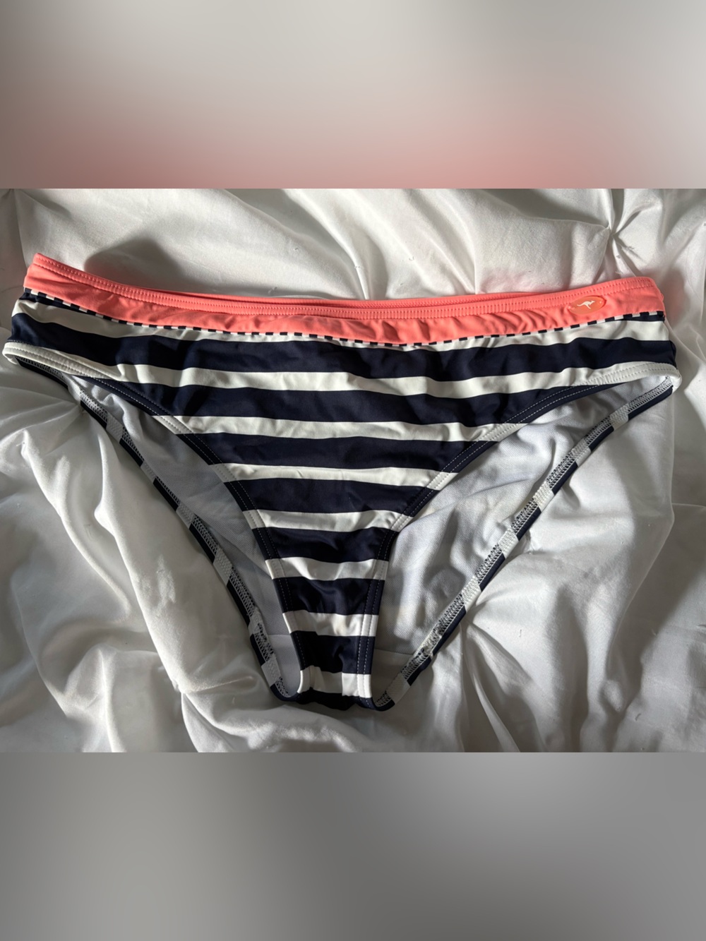 Navy & White Stripe Bikini Bottom with Coral Waistband